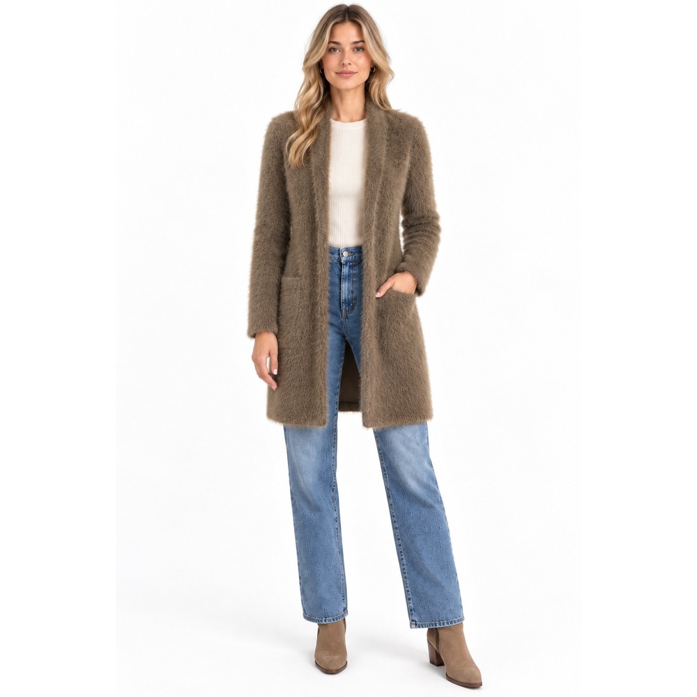 Soft Surroundings Maven Topper Fuzzy Long Cardigan Taupe Brown PM Eyelash Knit